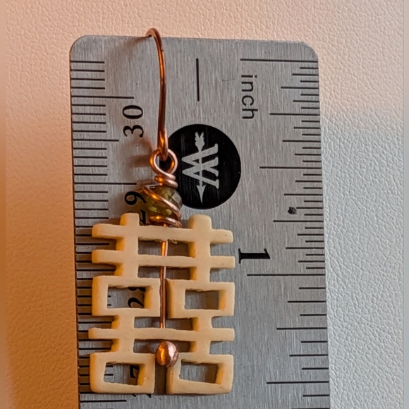 Carved Bone Kanji Earrings Pure Copper Wire Rare Green Apatite Gems - Picture 4 of 11